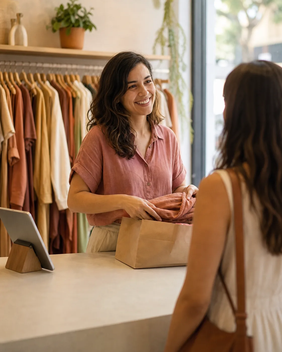Vendedora atendendo uma cliente no balcão de uma loja de roupas