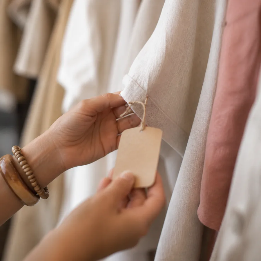 Mãos virando a etiqueta de preço de uma blusa de linho