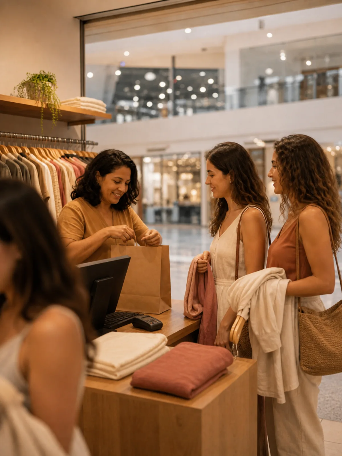 Clientes esperando no balcão à noite enquanto a vendedora embala a compra
